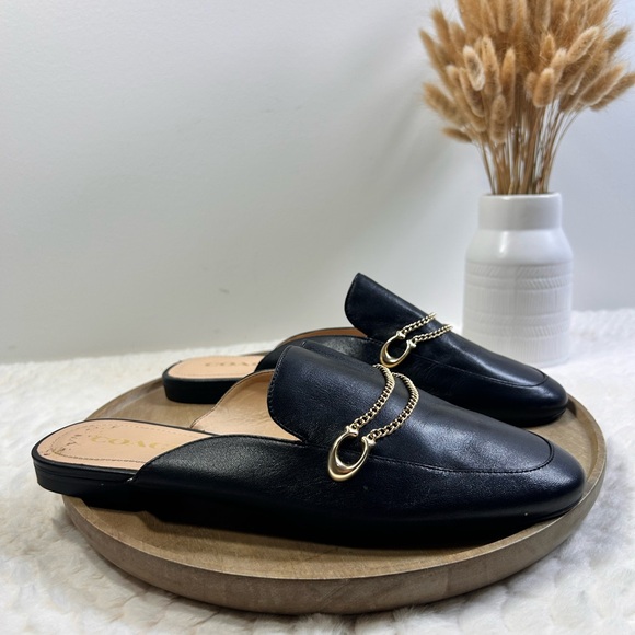 COACH Women's Sawyer Loafer Logo-Bit Mules Leather Black W/ Gold Chain.Sz 8 - Picture 1 of 7